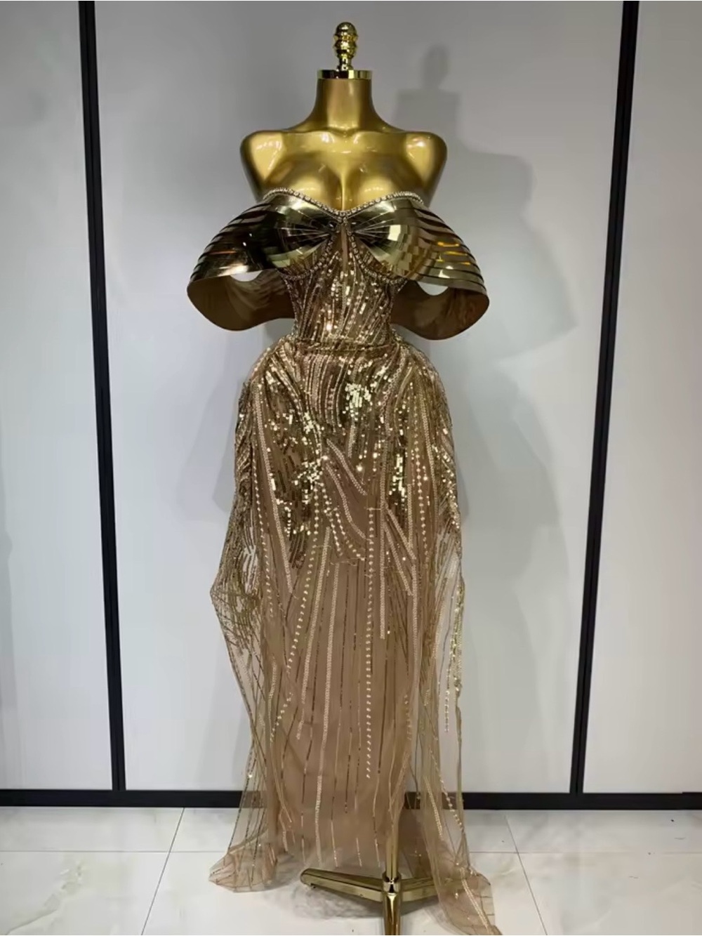 Gold Sequin Off-Shoulder Evening Dress